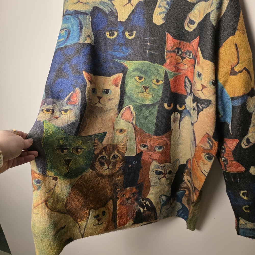 Vintage Style Cat Tapestry Sweater Oversized Large Wool Blend Feline Art Graphic - Picture 3 of 6